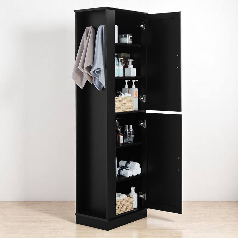 68-Inch Tall Bathroom Storage Cabinet with 2 Doors, Adjustable Shelves, Side Hooks & Anti-Tip Kit, Freestanding Organizer, Black