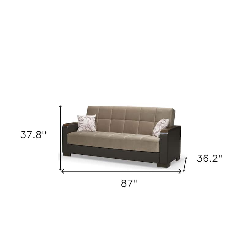 HomeRoots 87" Brown And Sand Chenille And Faux Leather Convertible Futon Sleeper Sofa With Toss Pillows And Storage