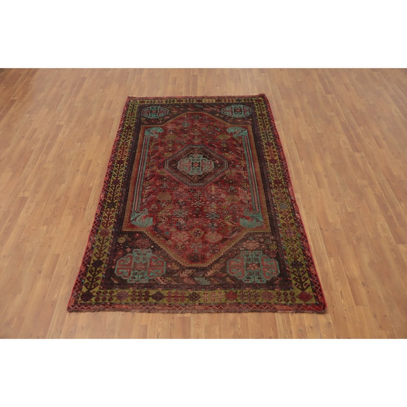 Hand Knotted Oriental 100% Wool Carpet Traditional Tribal Red Qashqai Area Rug - 8' 0'' X 5' 0''