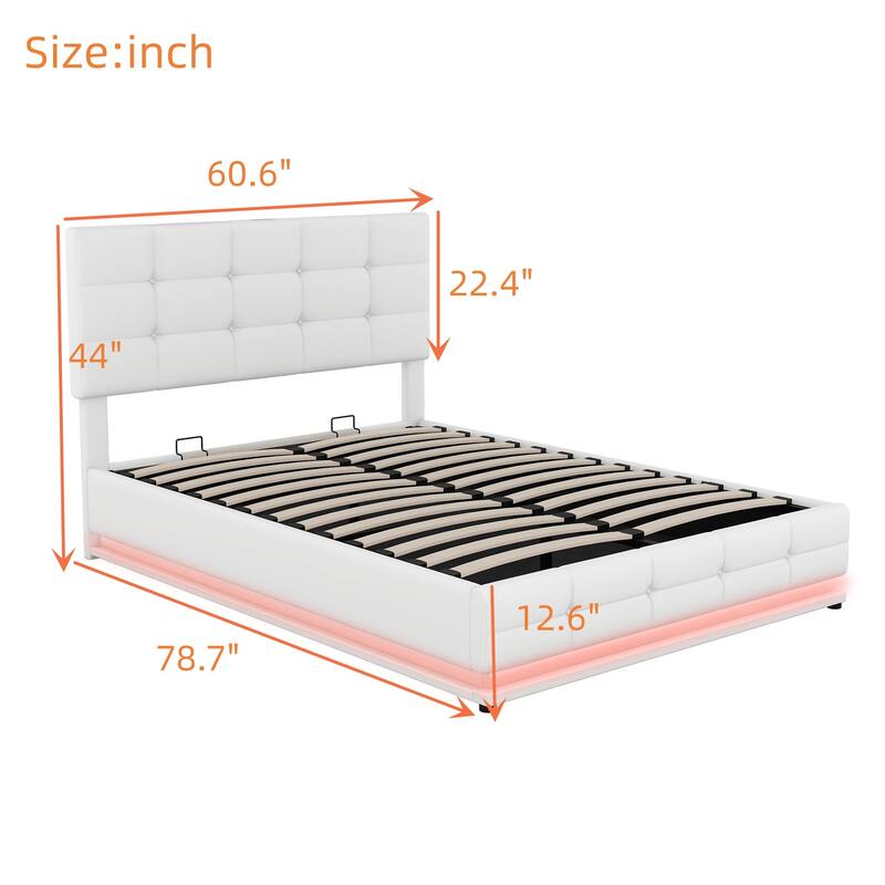 Tufted Platform Bed with Hydraulic Storage System, LED Lights and USB Charger