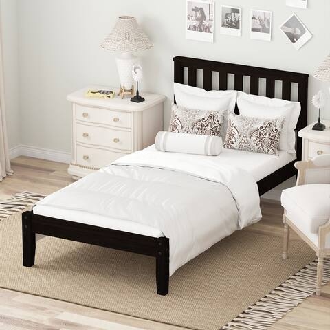 Twin Size Wood Platform Bed with Headboard and Wood Slat Support