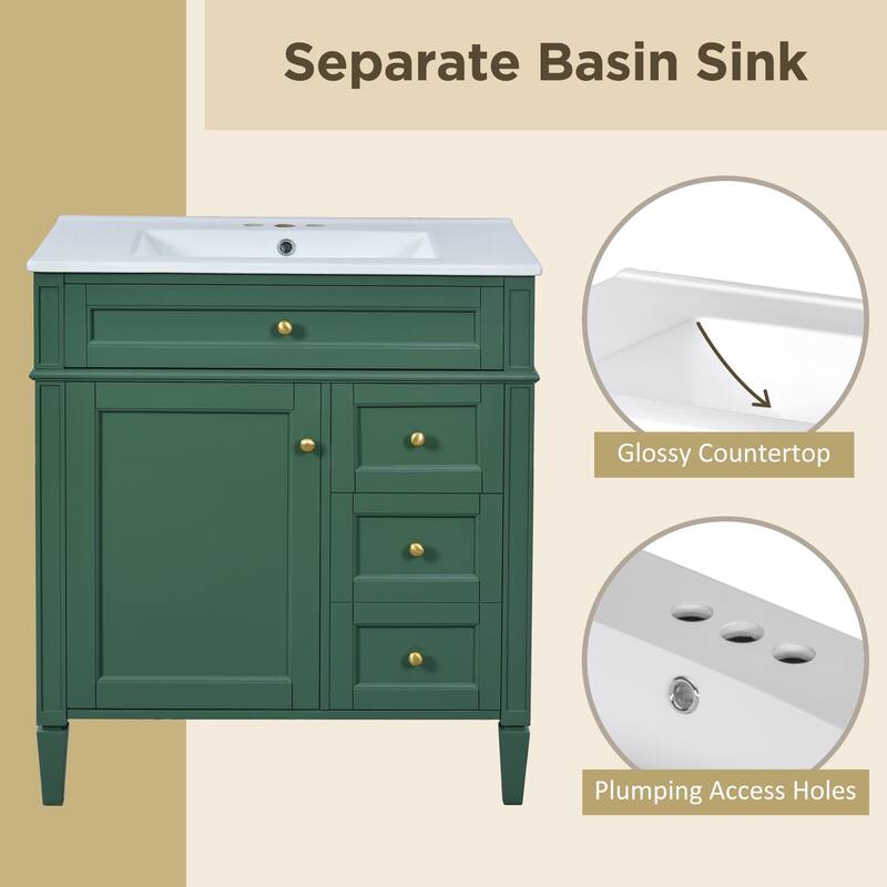 30 Inch Bathroom Vanity with Ceramic Top, 2 Storage Drawers, Tip-Out Tray, Solid Wood Frame Cabinet