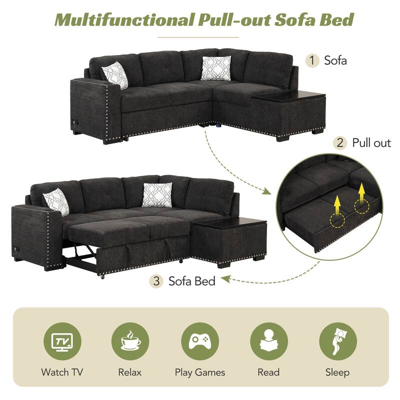 83.8'' L-Shaped 4-Seat Sectional Sofa with Pull-Out Bed, Storage Chaise, USB Ports, Power Sockets, and Cup Holders