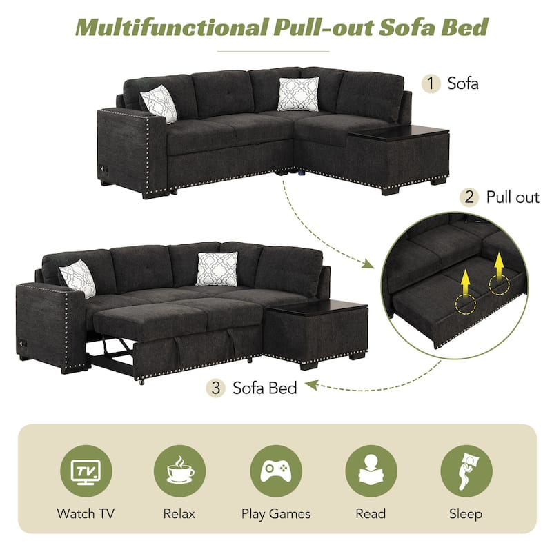 Pull-Out Sofa Bed L-Shape Sectional Sofa, Linen Deep Seat Sofa with Adjustable Headrest, Wireless Charging and Cup Holders
