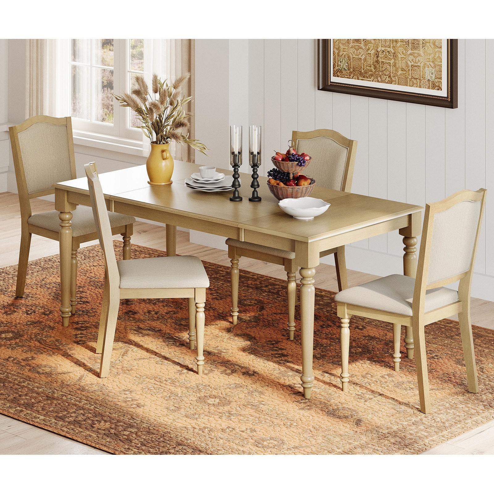Farmhouse Dining Table Set, Wood Dining Table & Upholstered Chairs,Oak