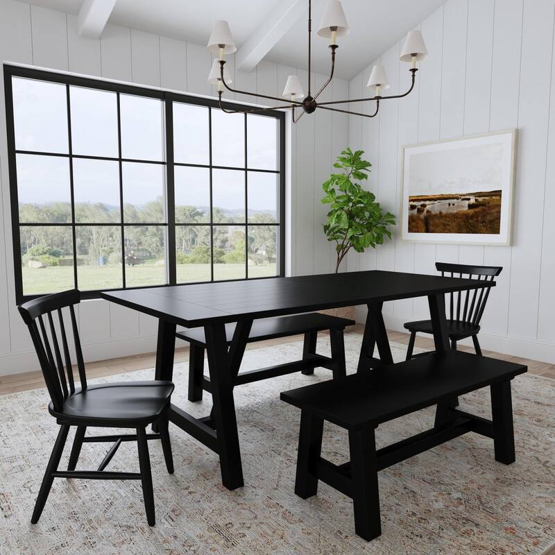 Trestle Black Wood Dining Table with 2 Benches