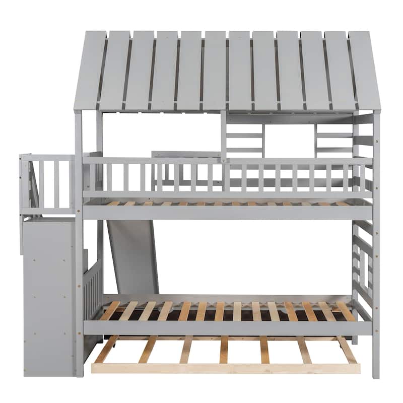Twin over Twin House Bunk Bed with Trundle & Slide, Storage Staircase