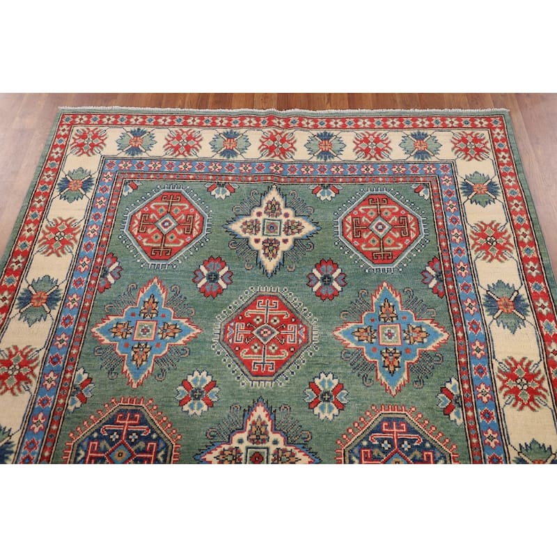 Kazak Oriental Area Rug Handmade Green Geometric Wool Carpet - 5'1" x 7'3"