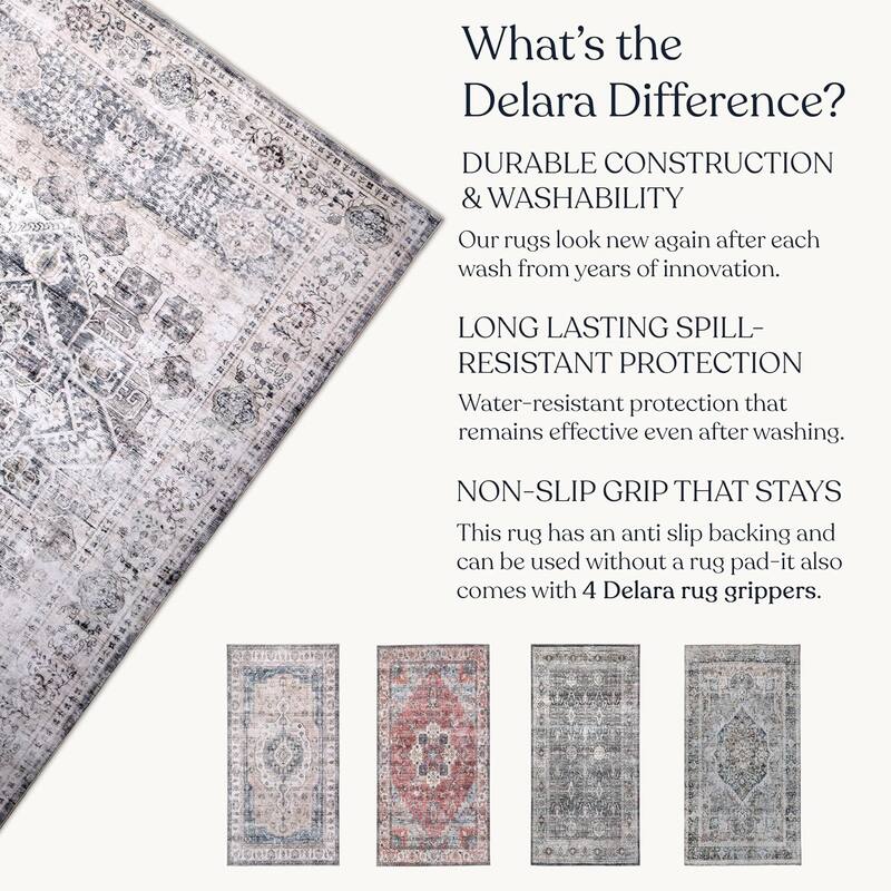 Delara Machine Washable Area Rug, Soft & Durable, Non-Slip Backing, Eco- Friendly GRS certified.