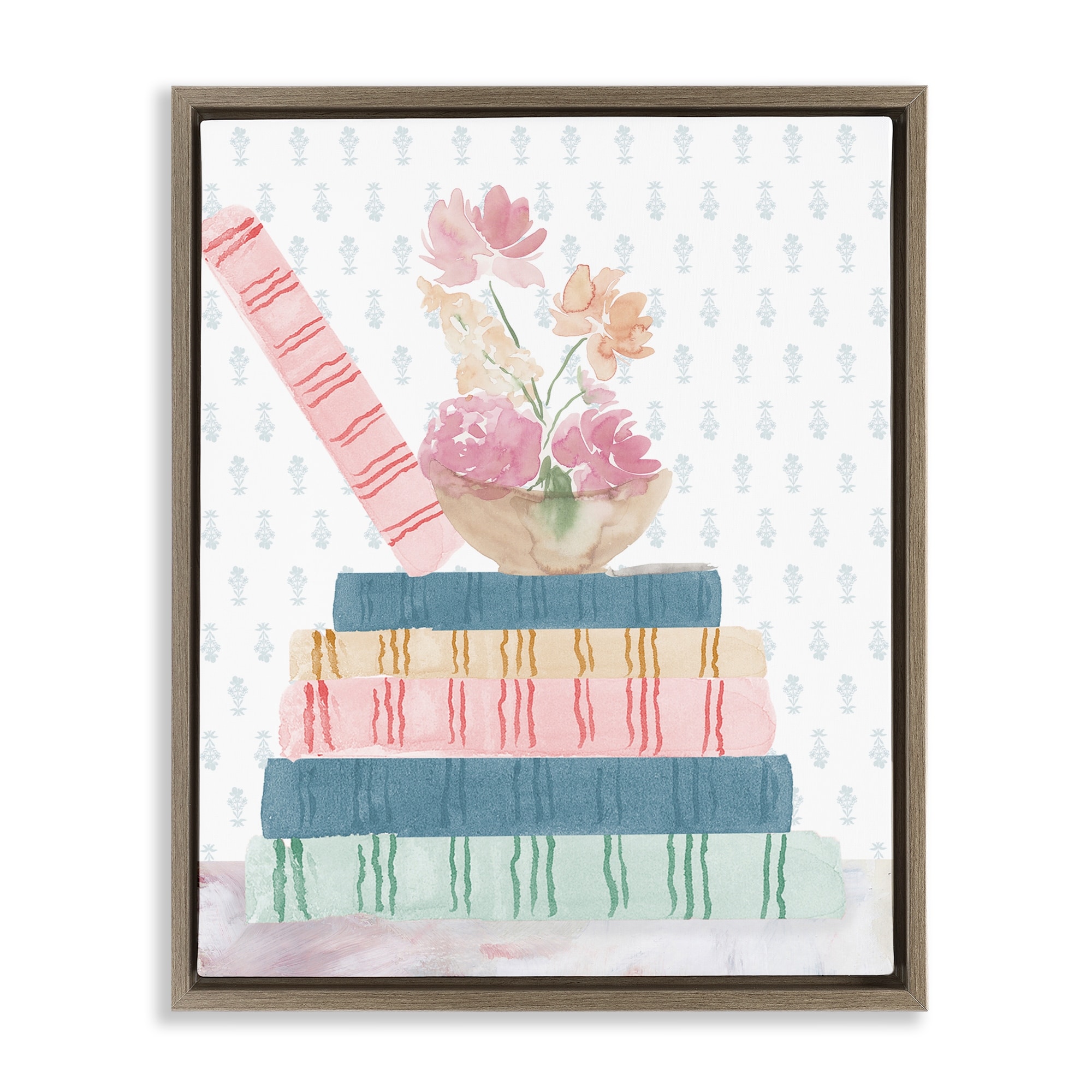 Stupell Pastel Flowers And Books Framed Floater Canvas Wall Art Design By Lucille Price