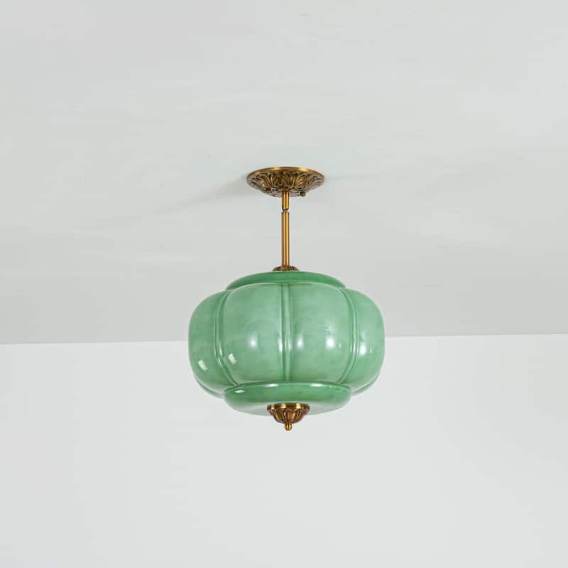 1-Light Retro Antique Brass Pumpkin Shaped Semi-Flush Mount Light/Pendant with Milk/Green Glass for Kitchen, Dining Room - Green/Gold