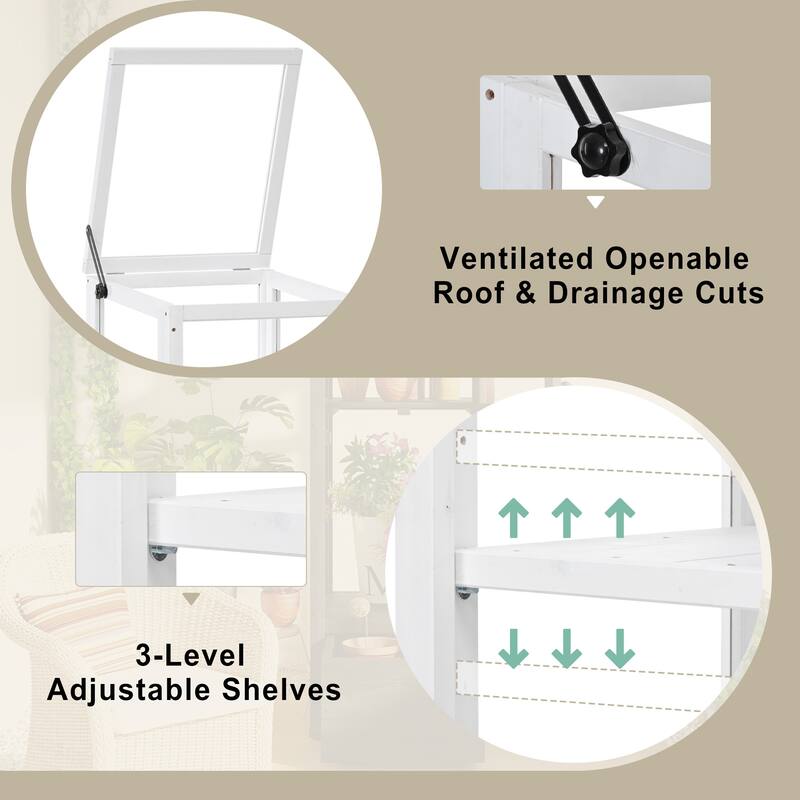 62.4inch Height Wood Garden Greenhouse Balcony Portable Mini Cold Frame with Movable Storage Box and Adjustable Shelves