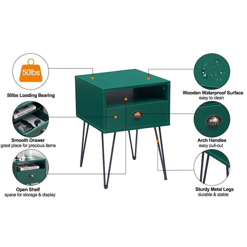 Javlergo Set of 2 Nightstand with Open Compartment & Drawer V-Shaped Metal Legs for Bedroom Living Room