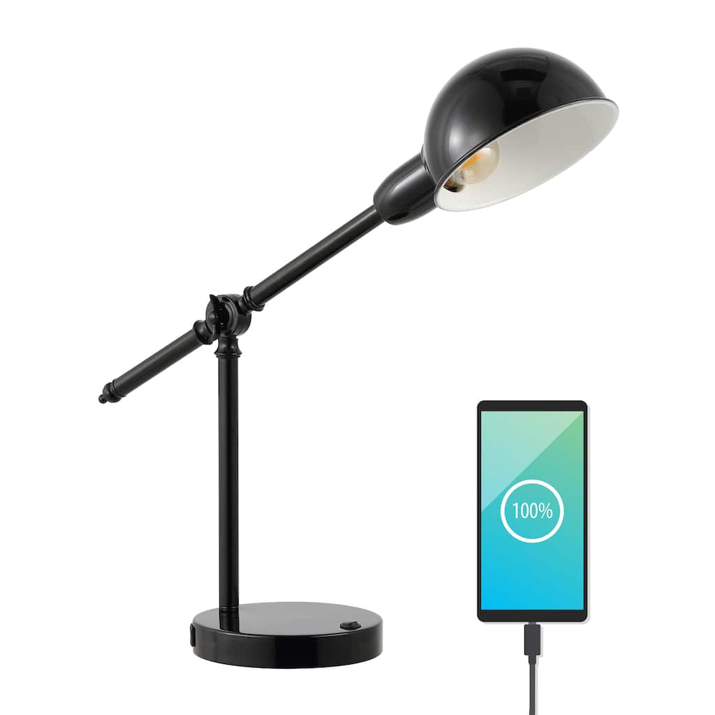 Allegra 20.25" Vintage Industrial Iron Adjustable Dome Shade LED Task Lamp with USB Charging Port, by JONATHAN Y