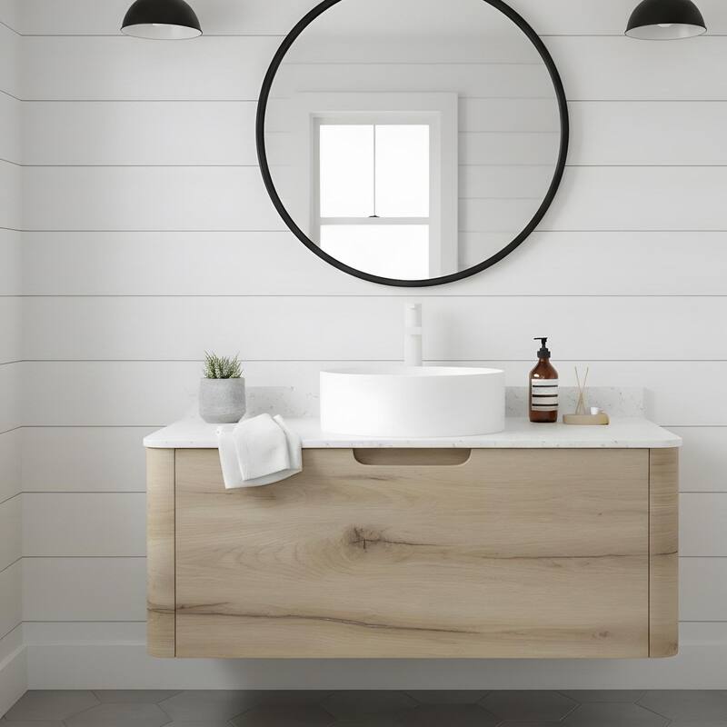 Wall-mounted Bathroom Vanity with Round Vessel Basin - 36 - White Oak+White