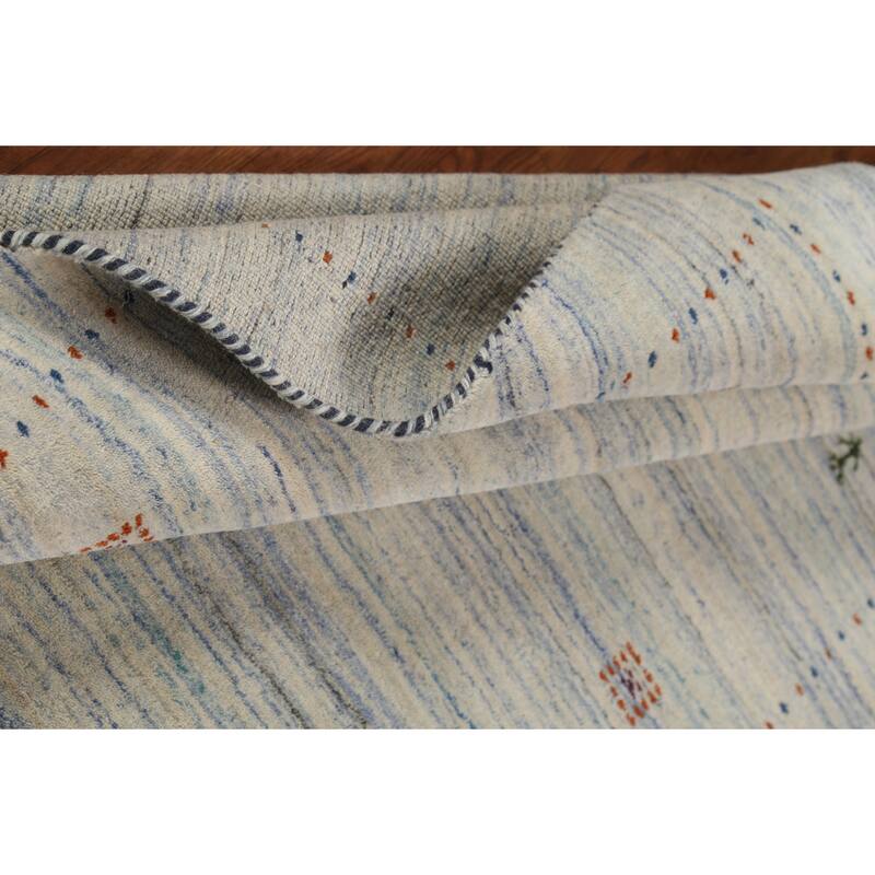 Ivory & Blue Striped Gabbeh Accent Rug Hand-Knotted Wool Carpet - 4'0"x 5'9"