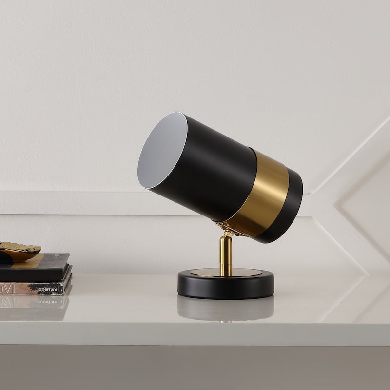 Eldora 9.25" Modern Industrial Iron Adjustable Indoor LED Floor Spotlight, Black/Brass Gold by JONATHAN Y