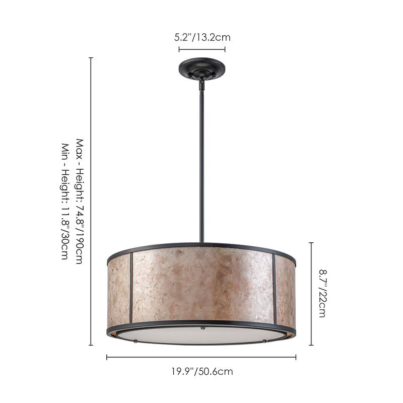 20" W and 8" W Rustic Matte Black Finish Tawny Mica Drum Pendant Light for Living Room & Bedroom