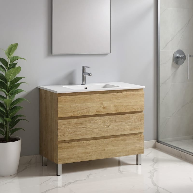 HomeRoots 40" Oak Wood Freestanding Bathroom Vanity With White Sink And Three Drawers - 40.00 in. x 39.06 in. x 17.88 in. - 40.00 in. x 39.06 in.  x 17.88 in. - Natural Finish - Oak