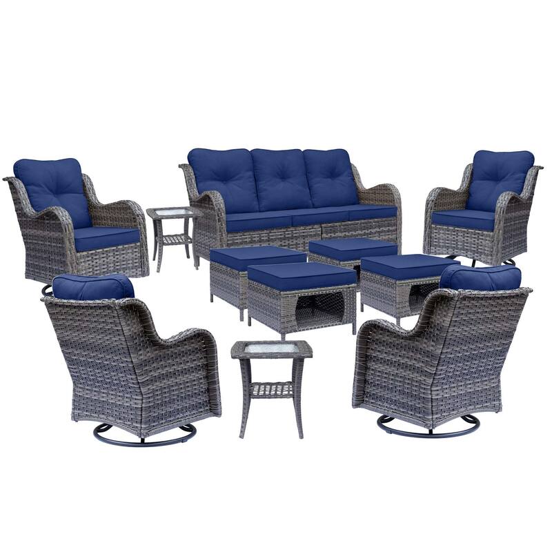 11 Piece Outdoor Wicker Patio Conversation Swivel Chairs Furniture Set