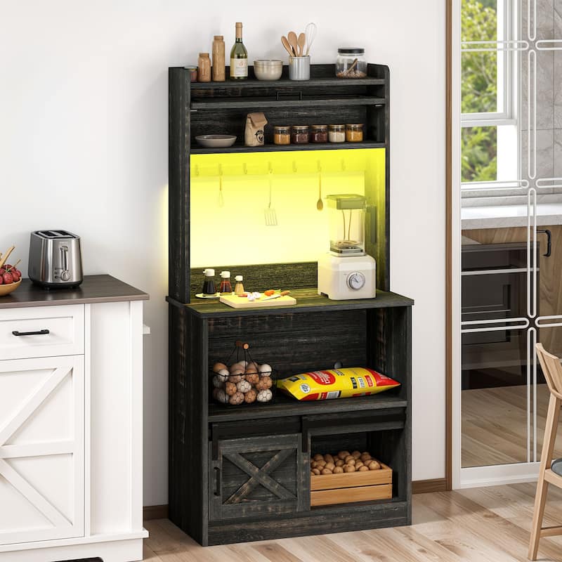 Moasis Farmhouse Kitchen Baker's Rack with Storage Shelves and Sliding Door & Power Outlets