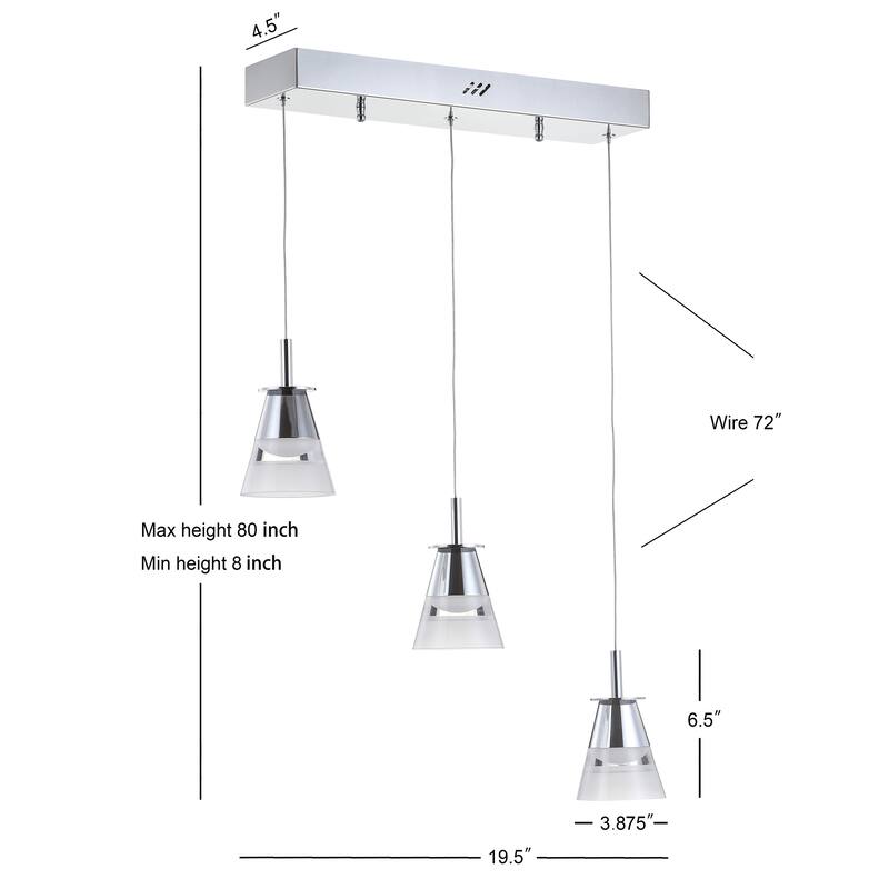 Nube 19.5" 3-Light Adjustable Cascading Metal Integrated Linear LED Pendant, Chrome by JONATHAN Y