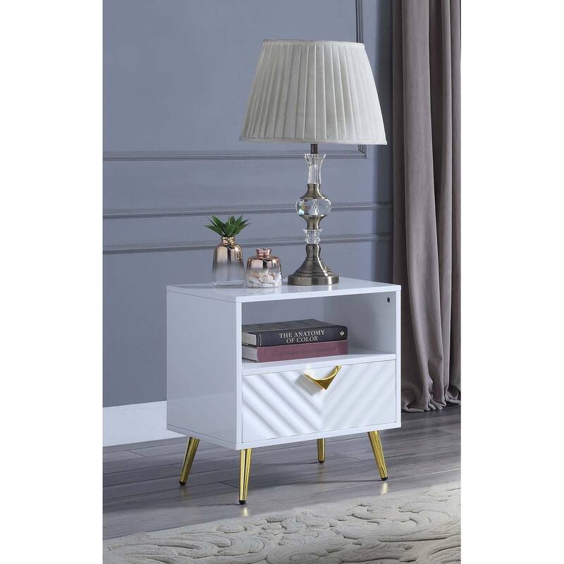 End Table with 1 Storage Drawer and Metal Legs, White High Gloss