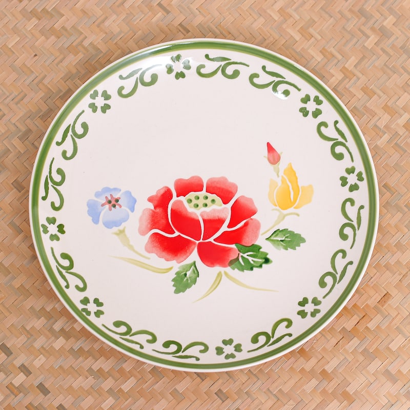 Novica Handmade Poppy Garden In Green Ceramic Dinner Plate