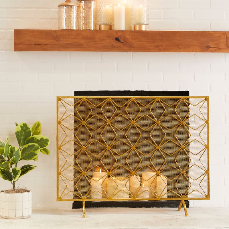 Gold Metal Star Patterned Single Panel Geometric Fireplace Screen with Mesh Netting - Gold