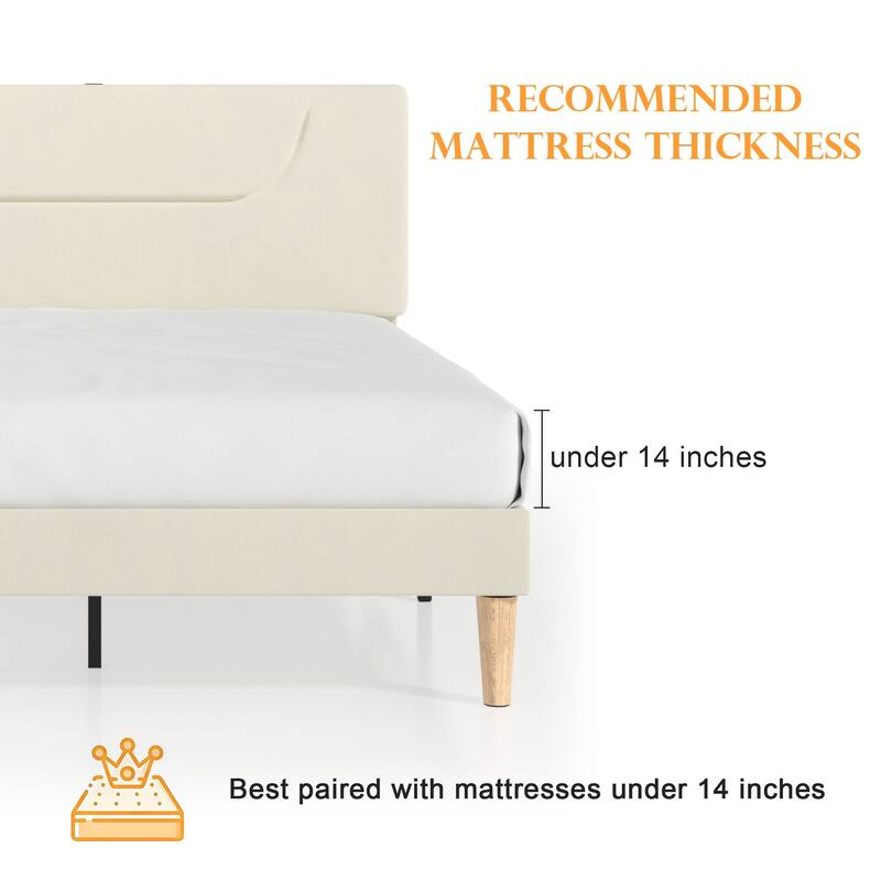Javlergo Bed Frame with Smart LED Lights, Velvet Bed Frames with USB Charging Station, Modern Platform Bed