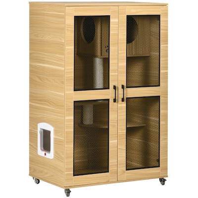 PawHut Luxury Cat House with Wheels, Kitty Cage Catio Villa for Indoor Cats with Scratching Posts, Condo, Flap Door, Cushion