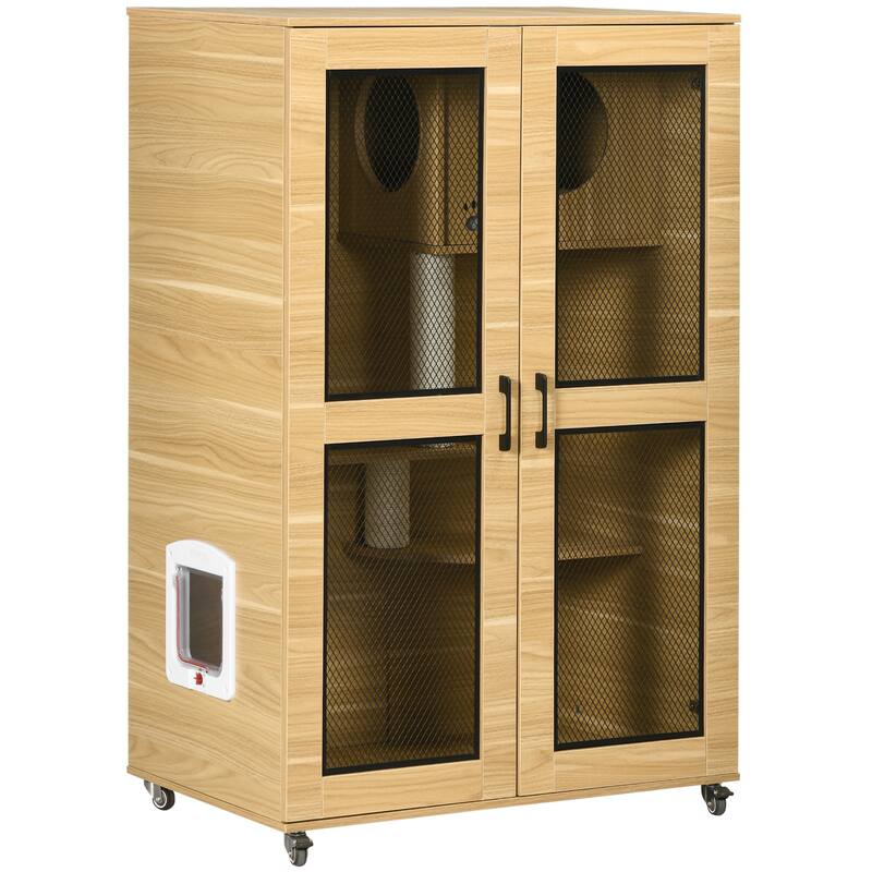 PawHut Luxury Cat House with Wheels, Kitty Cage Catio Villa for Indoor Cats with Scratching Posts - Oak - Oak