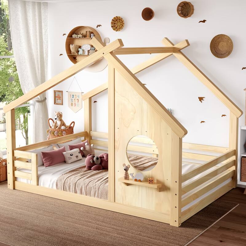 Montessori Kids House-shaped Floor Bed with Window and Shelf