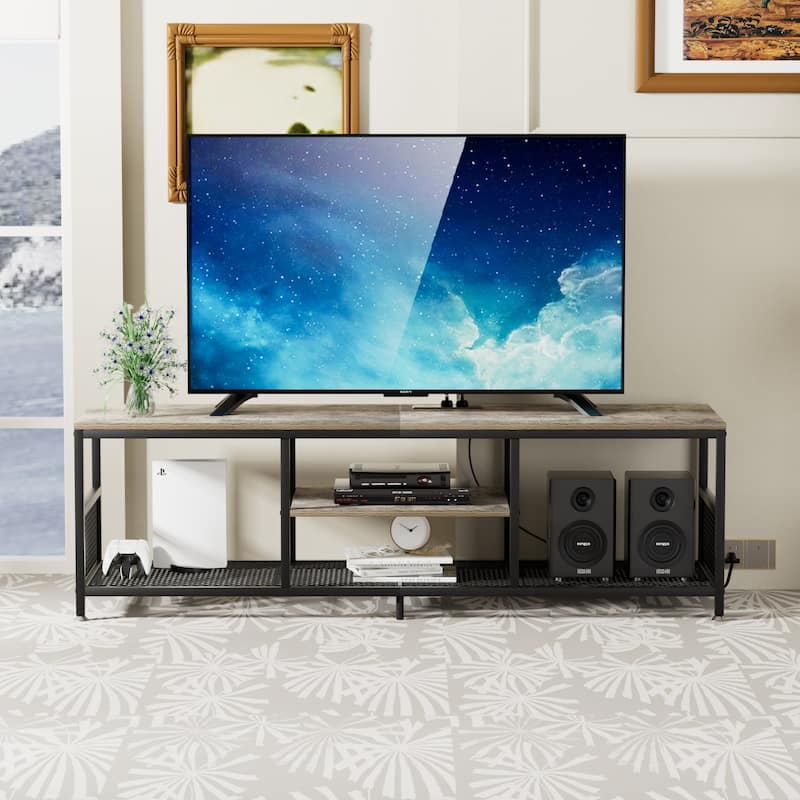 VECELO 55 Inch Grey TV Stand TV Media Console Table Entertainment Center with Power Outlets and Open Storage Shelves - 71 inches