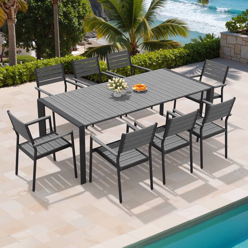 7/9/11-Piece Set Outdoor Aluminum Dining Table with Umbrella Hole and Stackable Dining Chairs