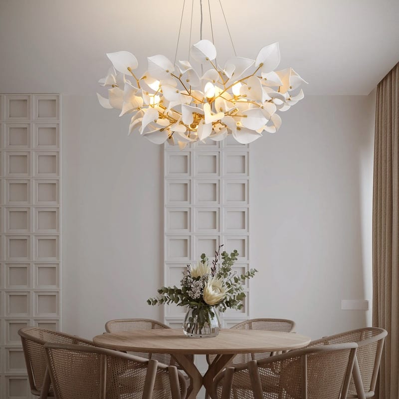 KAYLA 31.5" 6-Light Luxury Gold Round Chandelier, Modern Ceramic Leaf Branch