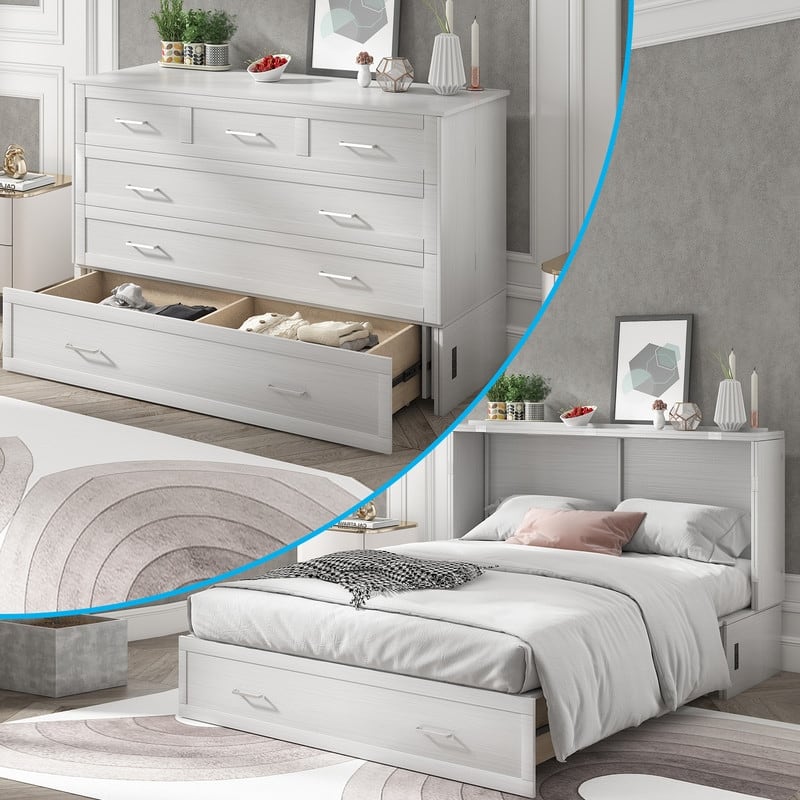 Mixoy Queen Murphy Bed Cabinet Bed Chest with Mattress,Drawers,USB Charging Station - WHITE - Queen