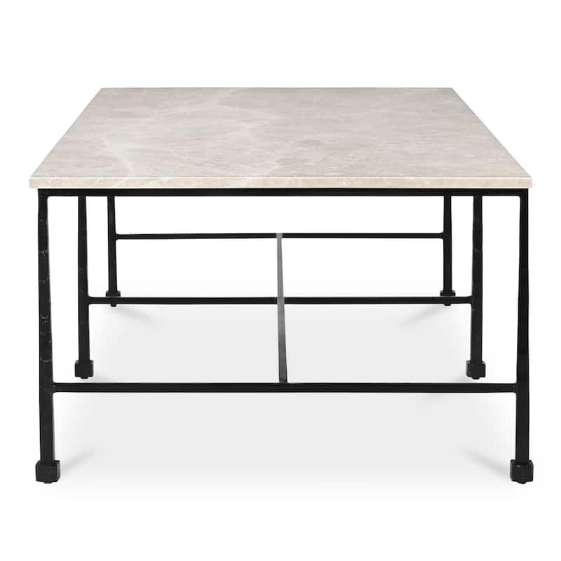 NADAAL STUDIOS Tylienne Coffee Table, Italian Botticino Marble, Hammered Blackened Iron Base