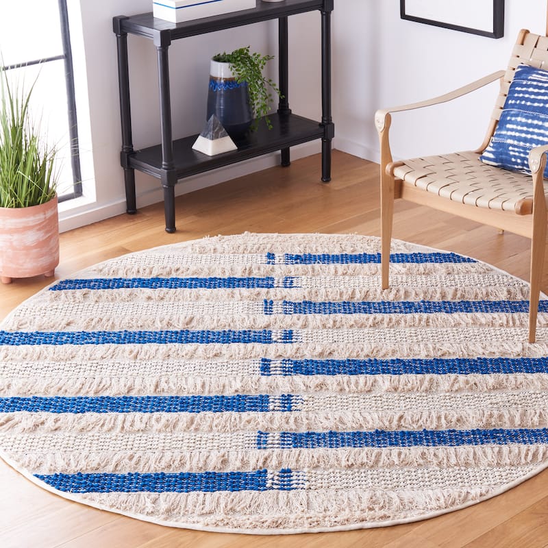 SAFAVIEH Handmade Natura Jaidyn Stripe Rug - 6' Round - Beige/Navy