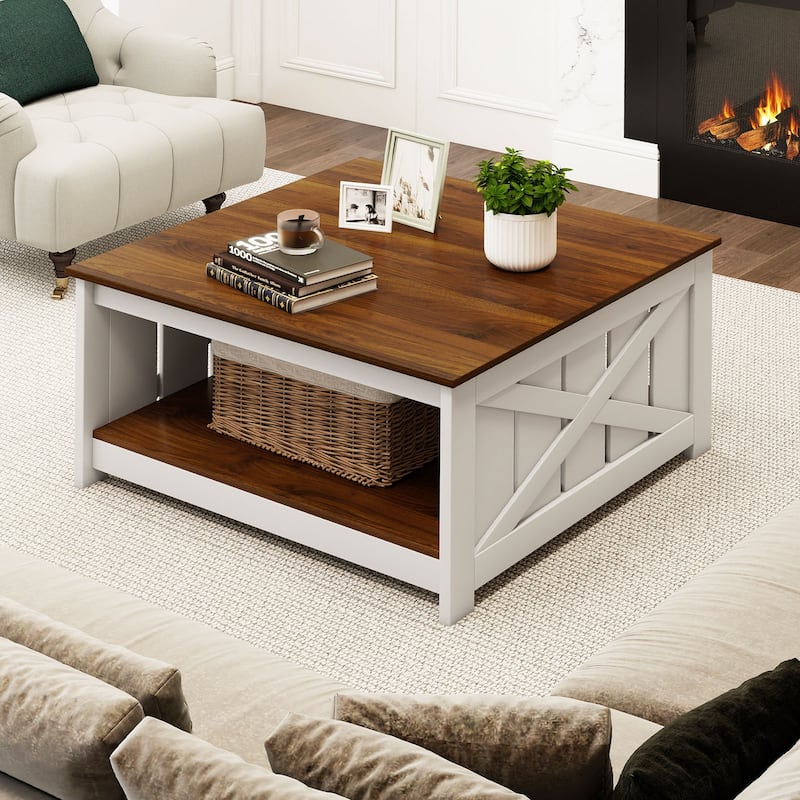 Gymax 31'' Wooden Square Coffee Table w/Storage Shelf Open Compartment - White, Brown