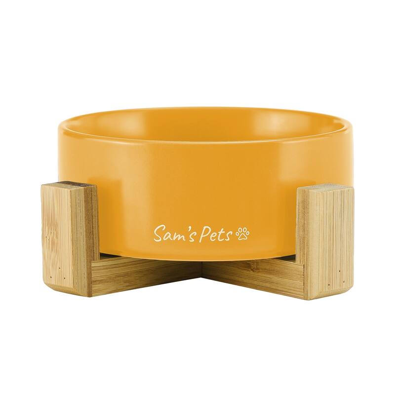 Coco Single Pet Bowl with Wood Stand 5.11'' in Yellow - 6.3