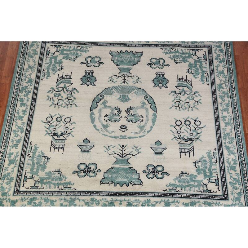 Hand Knotted Oriental 100% Wool Carpet Traditional Geometric Beige & Ivories Art Deco Area Rug - 7' 10'' X 7' 11''
