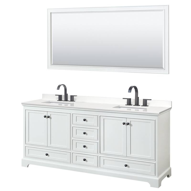 Deborah 80-inch Double Vanity, Quartz Top, 70-inch Mirror - White, Black Trim, White Quartz Top