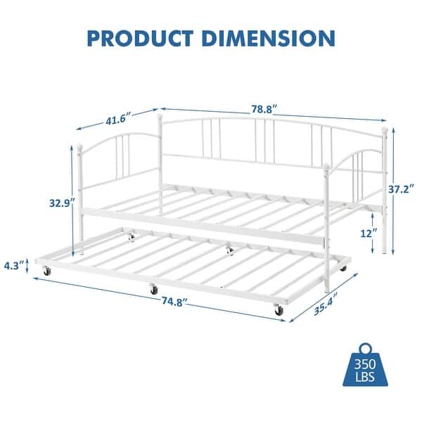 dimension image slide 0 of 5, Heavy Duty Metal Daybed With Trundle Platform Sofa Bed for Bedroom
