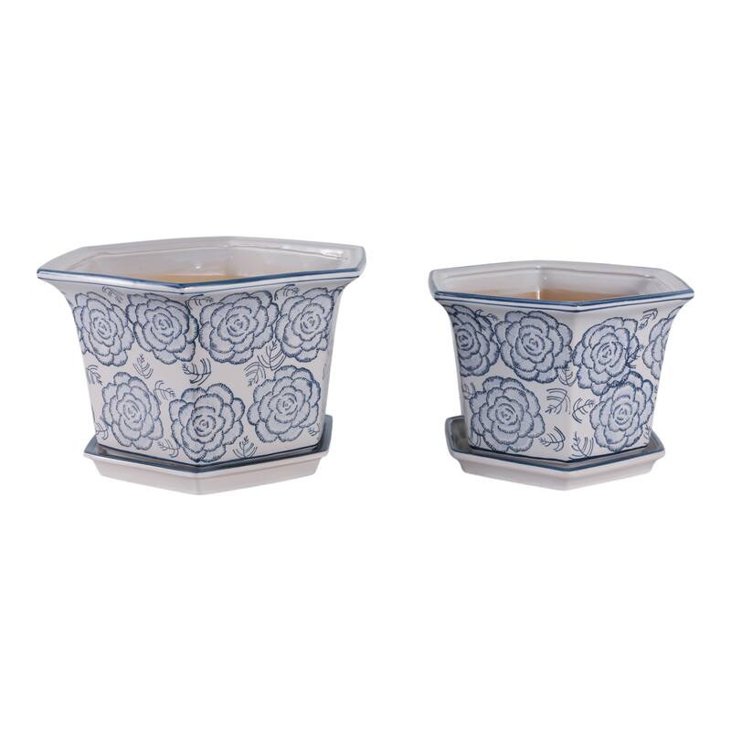 Stoneware Saucer Planters Attached Base for Home Garden (Set of 2)