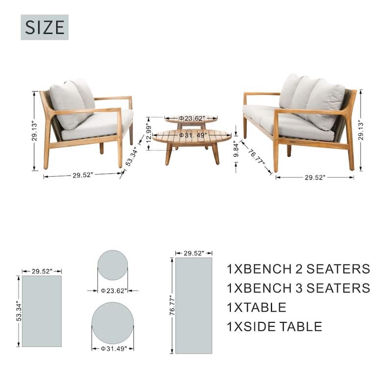 Acacia Wood 4-piece Outdoor Conversation Sofa Set with Removable Waterproof Cushions