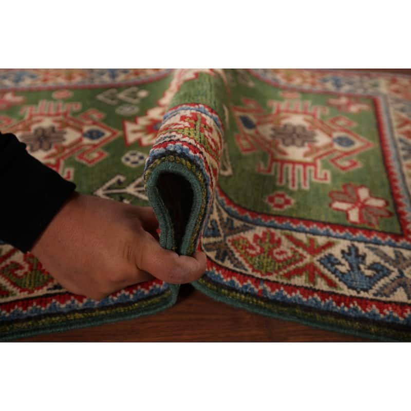 Green Geometric Kazak Oriental Accent Rug Handmade Wool Carpet - 1'10"x 2'10"