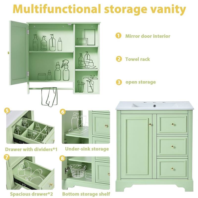 30'' Bathroom Vanity with Top Sink, Freestanding Vanity Set with Mirror Cabinet