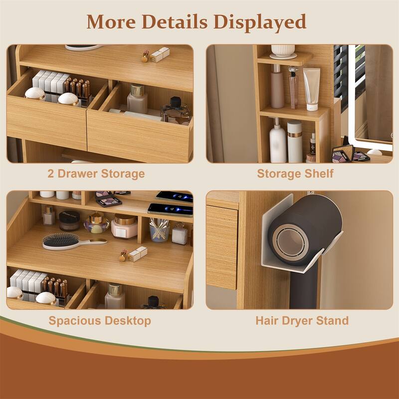 Vanity Table with LED-Illuminated Mirror, Power Outlet, Hairdryer Holder & Stool