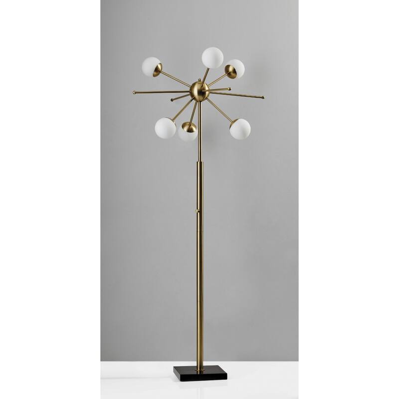 64" Contemporary 6-Light Floor Lamp with Brass Frame Globe Glass Shades LED Compatible Plug-In Design - 63.5”H x 27”W x 27”D